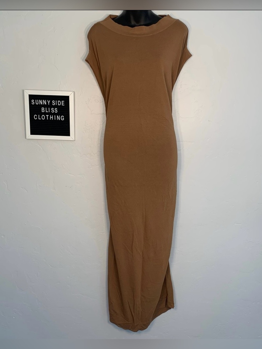 Zara Brown Mock Neck Bodycon Maxi Dress Stretch Knit Neutral Size Small